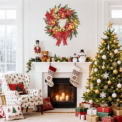 24" Pre-Lit Christmas Wreath with Warm White LED Lights, Artificial Pine Decorated with Red Bow