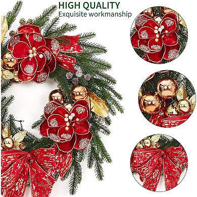 24" Pre-Lit Christmas Wreath with Warm White LED Lights, Artificial Pine Decorated with Red Bow