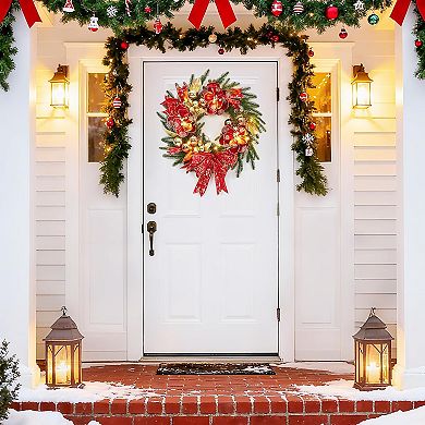 24" Pre-Lit Christmas Wreath with Warm White LED Lights, Artificial Pine Decorated with Red Bow