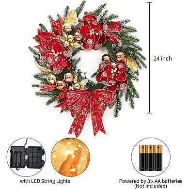 24" Pre-Lit Christmas Wreath with Warm White LED Lights, Artificial Pine Decorated with Red Bow