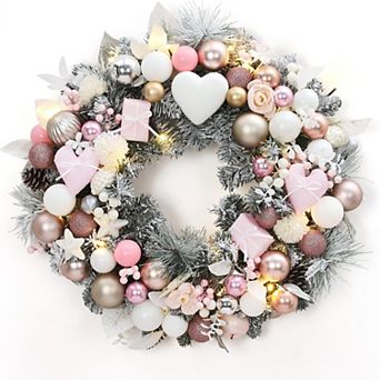 24" Christmas Wreath with Light,Pink Holiday Wreath for Front Door Decorations,Christmas Decorations