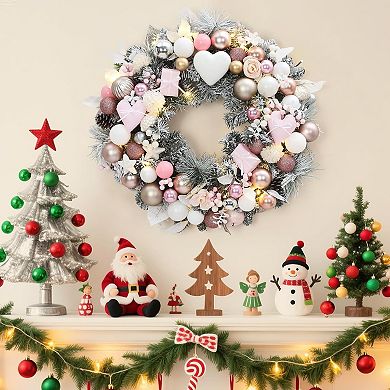 24" Christmas Wreath with Light,Pink Holiday Wreath for Front Door Decorations,Christmas Decorations