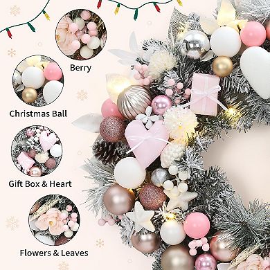 24" Christmas Wreath with Light,Pink Holiday Wreath for Front Door Decorations,Christmas Decorations