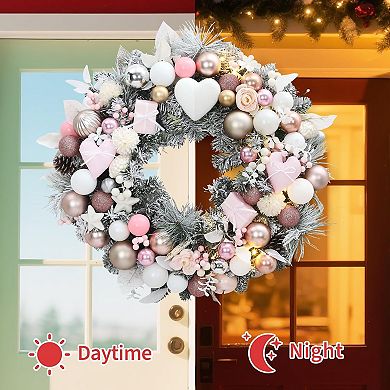 24" Christmas Wreath with Light,Pink Holiday Wreath for Front Door Decorations,Christmas Decorations