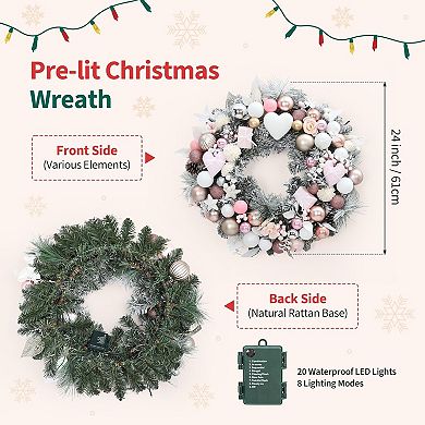 24" Christmas Wreath with Light,Pink Holiday Wreath for Front Door Decorations,Christmas Decorations