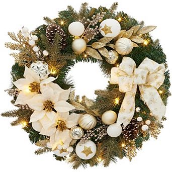 Pre-Lit Christmas Wreath for Door,24" Large Lighted Wreath with Xmas Balls, Artificial Flower & Bow