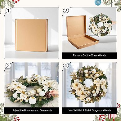 Pre-Lit Christmas Wreath for Door,24" Large Lighted Wreath with Xmas Balls, Artificial Flower & Bow