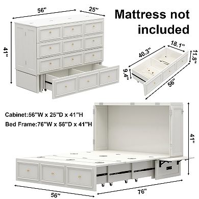 Livelylodge Solid Wood Murphy Bed with Power Strip, Storage Drawer & Modern Design for Guest Room