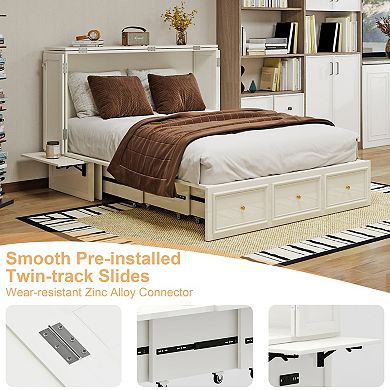 Livelylodge Solid Wood Murphy Bed with Power Strip, Storage Drawer & Modern Design for Guest Room