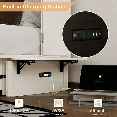 Livelylodge Solid Wood Murphy Bed with Power Strip, Storage Drawer & Modern Design for Guest Room