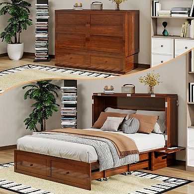 Livelylodge Solid Wood Murphy Bed with Power Strip, Storage Drawer & Modern Design for Guest Room