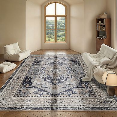 7FT x 5FT Vintage Bohemia Cotton Area Rug with Non-Slip TPR Backing, Indoor Living Room and Entryway