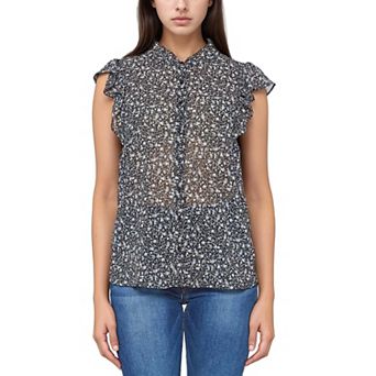 Sheer Ruffle Button Front Blouse