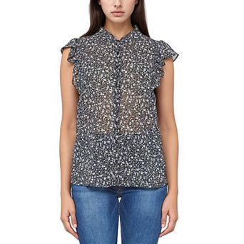 Sheer Ruffle Button Front Blouse