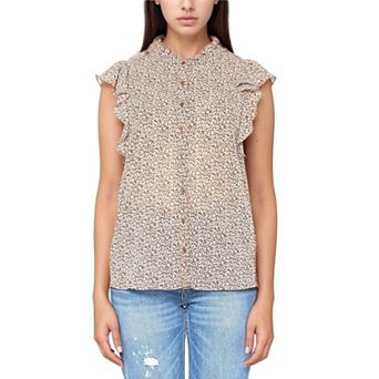 Sheer Ruffle Button Front Blouse