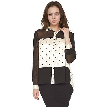 Women's Polkadot Mesh Button Up Shirt Blouse