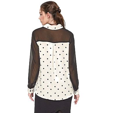 Women's Polkadot Mesh Button Up Shirt Blouse