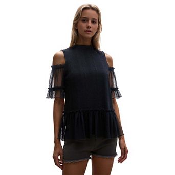 Cold Shoulder Ruffle Mesh Top