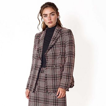 Fringe Hem Plaid Tweed Blazer in Red Black Tweed