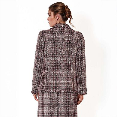 Fringe Hem Plaid Tweed Blazer in Red Black Tweed