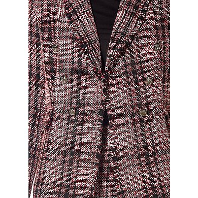 Fringe Hem Plaid Tweed Blazer in Red Black Tweed