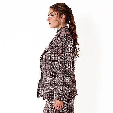 Fringe Hem Plaid Tweed Blazer in Red Black Tweed