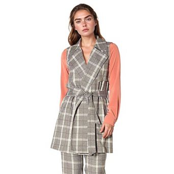 Sleeveless Tie Waist Vest in Mocha Plaid