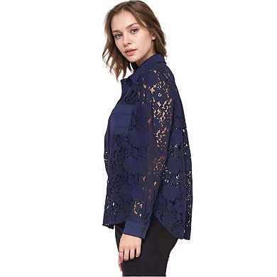 Women's Button Up Flower Lace Blouse