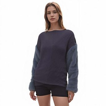 Faux Fur Sleeve Boat Neck Sweater
