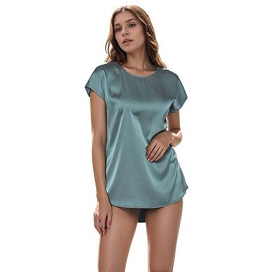 Satin Short Sleeve Hi-Lo Round Hem Top