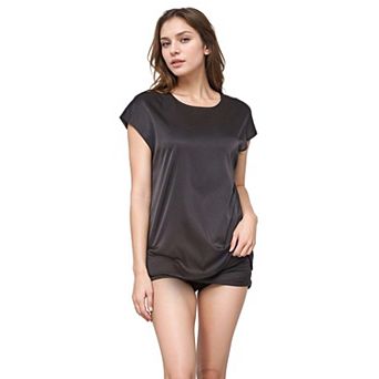 Satin Short Sleeve Hi-Lo Round Hem Top