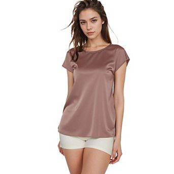 Satin Short Sleeve Hi-Lo Round Hem Top