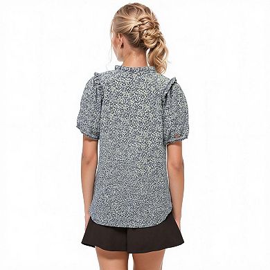 Ruffle Neck Top With Balloon Sleeve