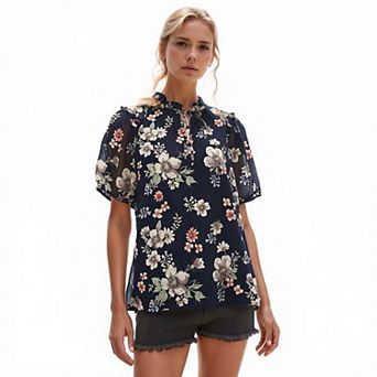 Ruffle Neck Top With Balloon Sleeve