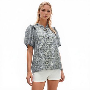 Ruffle Neck Top With Balloon Sleeve