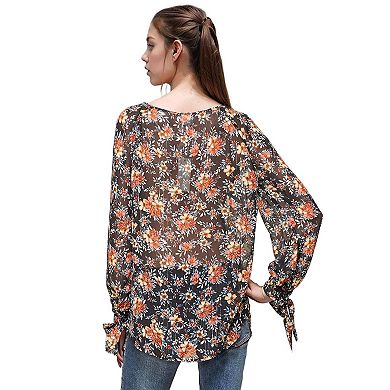 Sheer Printed Blouse With Self-Tie Sleeve