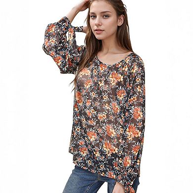 Sheer Printed Blouse With Self-Tie Sleeve