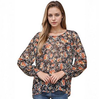 Sheer Printed Blouse With Self-Tie Sleeve