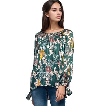 Sheer Printed Blouse With Self-Tie Sleeve