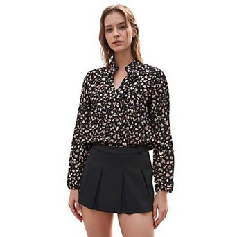 Long Sleeve Printed Ruffle Down Blouse