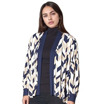 Geo Print Open Front Cardigan In Taupe Navy