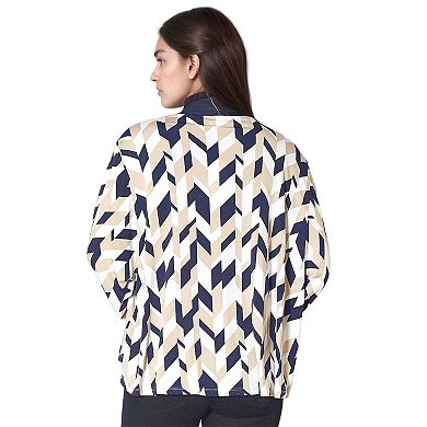 Geo Print Open Front Cardigan In Taupe Navy