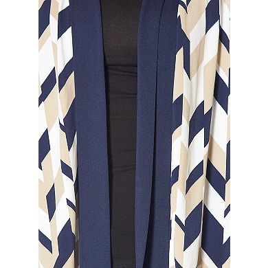Geo Print Open Front Cardigan In Taupe Navy