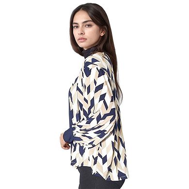 Geo Print Open Front Cardigan In Taupe Navy