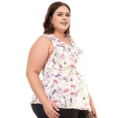 Cream Cotton Floral Print V-Neck Peplum Tank Top
