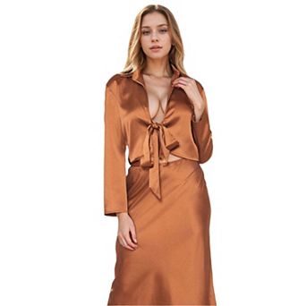 Long Sleeve Collared Tie Front Shirt In Satin Brown