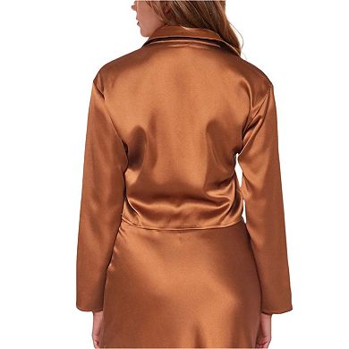Long Sleeve Collared Tie Front Shirt In Satin Brown