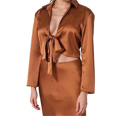 Long Sleeve Collared Tie Front Shirt In Satin Brown