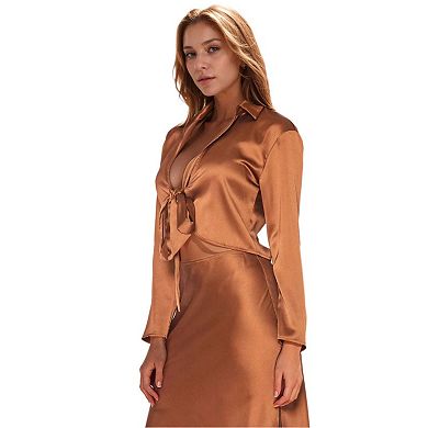 Long Sleeve Collared Tie Front Shirt In Satin Brown