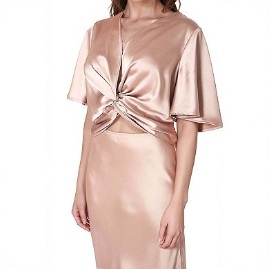 Short Sleeve Twist Front Crop Top In Taupe